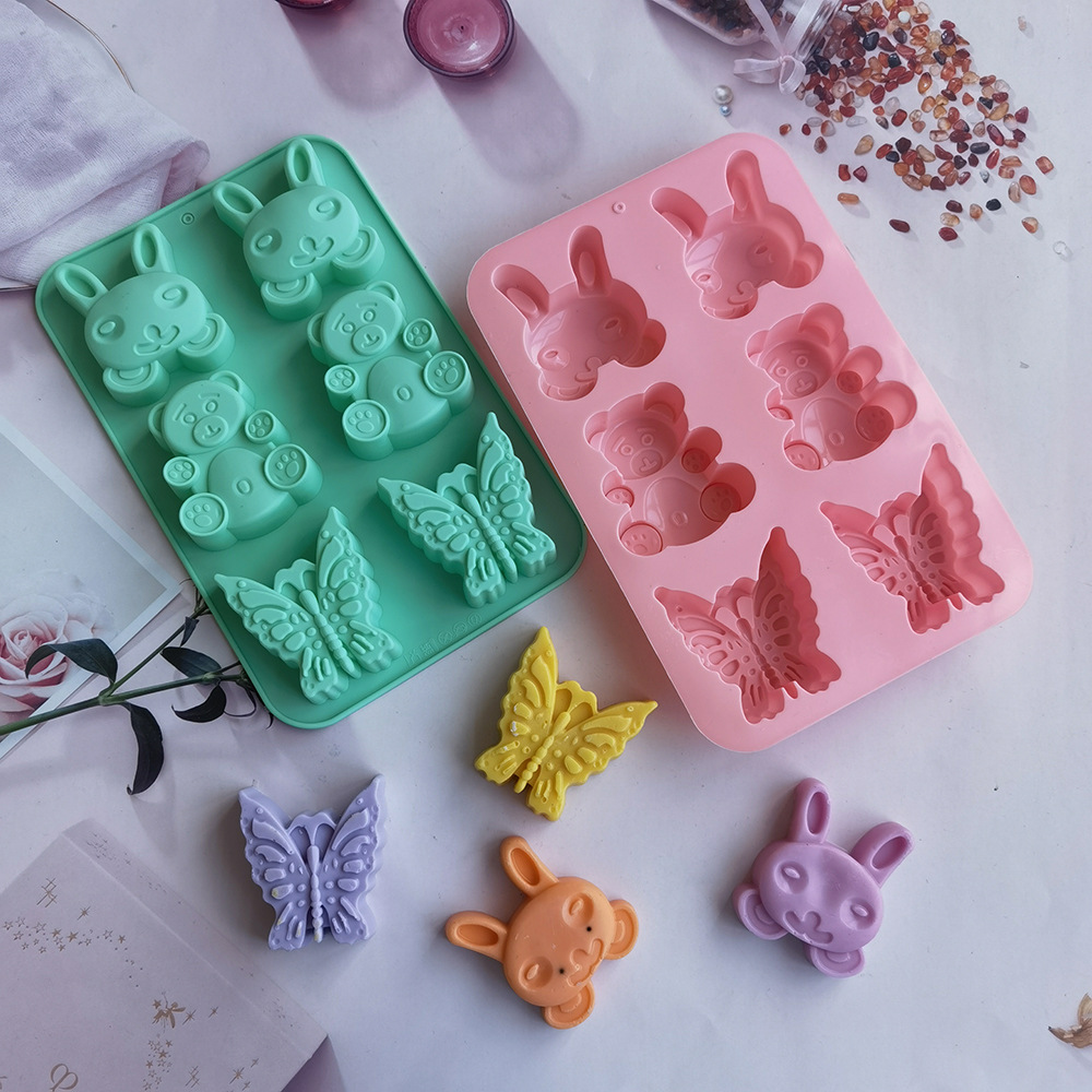 Silicone 6-Piece Bear and Rabbit Butterfly Cake Mold Mousse Cake Mold Aromatherapy Candle Mold Chocolate Mold Easily Removable Mold