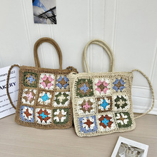新款多色花朵拼接包单肩手提方格森系韩国小众设计钩针手工编织包