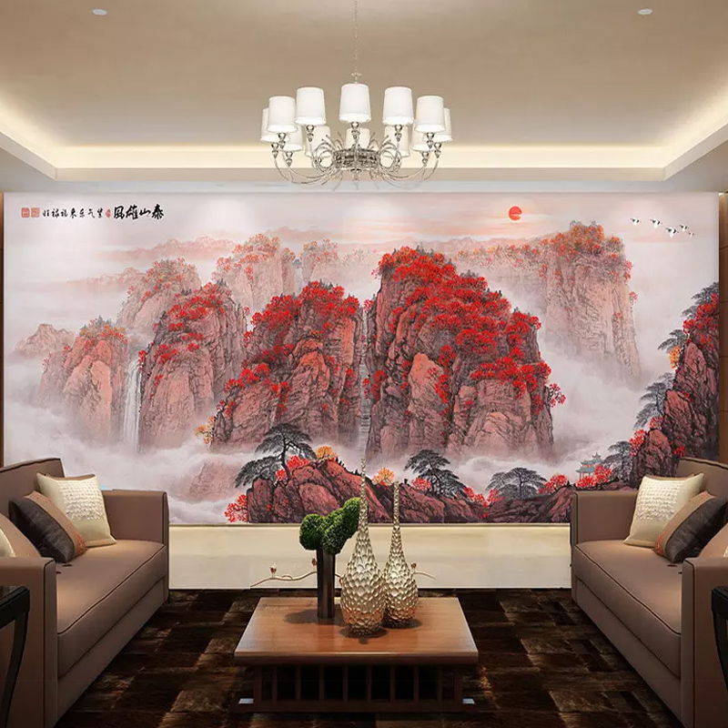 国画山水装饰壁画客厅电视背景墙壁纸大气会议办公室壁布鸿运当头