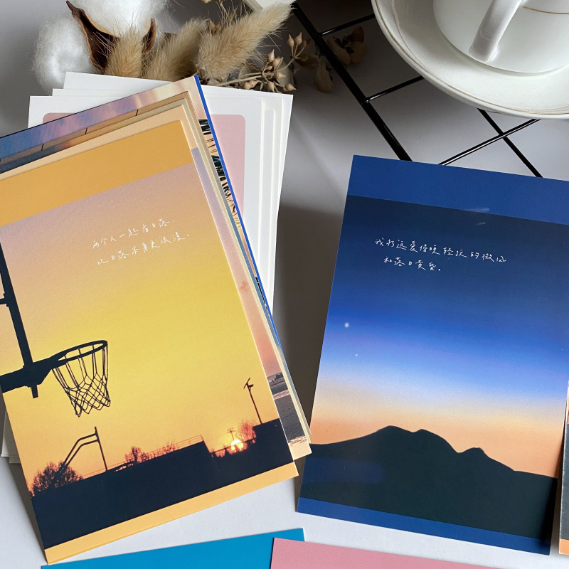 批发创意唯美文艺明信片爱在落日黄昏海边夕阳黎空美景卡装饰卡片
