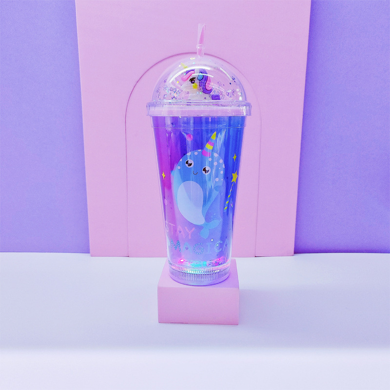 Cross-Border Factory Direct Supply Double Plastic Straw Cup Fashion Creative Rainbow Unicorn Cup