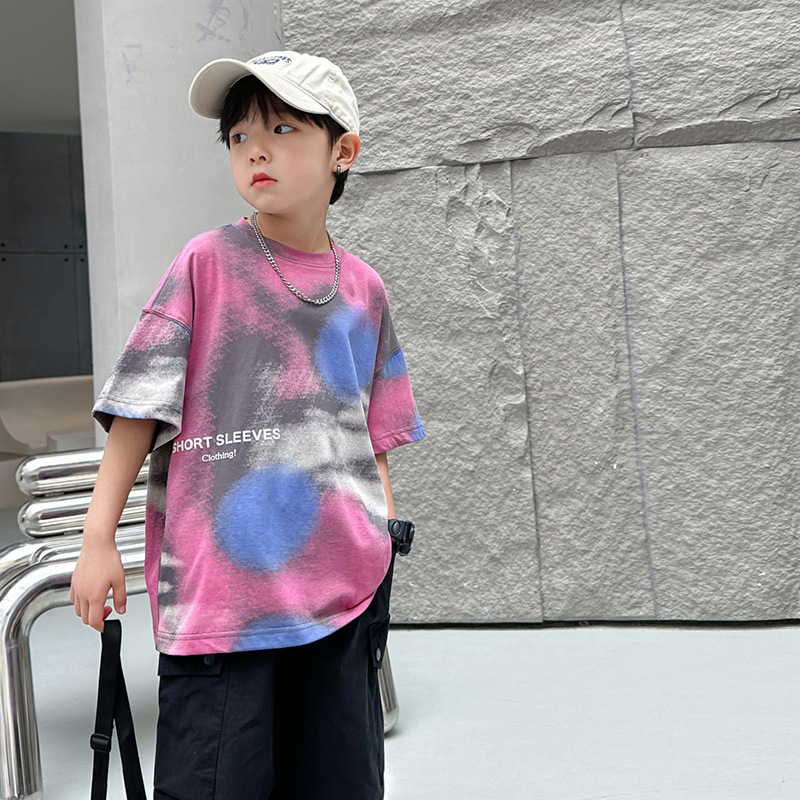 潮牌扎染儿童t恤夏2024新款宽松男童短袖上衣中大童半袖一件代发