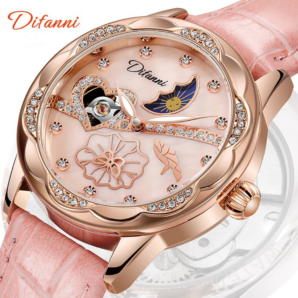 正品瑞士日月星辰镶钻女士手表高级感防水小众夜光学生女士机械表