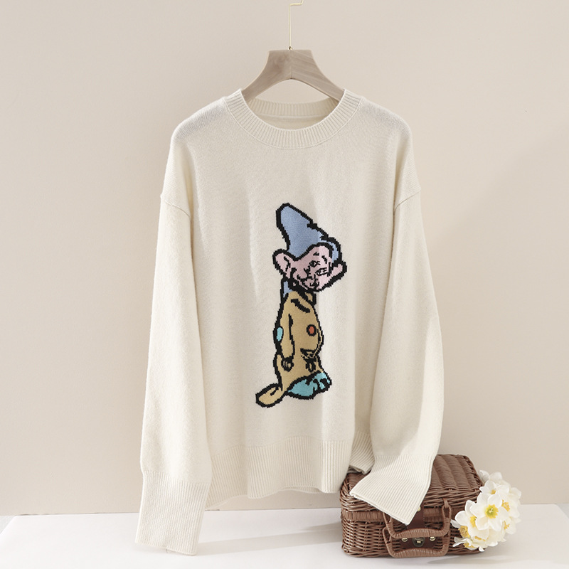 手工嵌花 全羊毛有人物卡通图案针织衫 重工传统工艺羊毛衫女