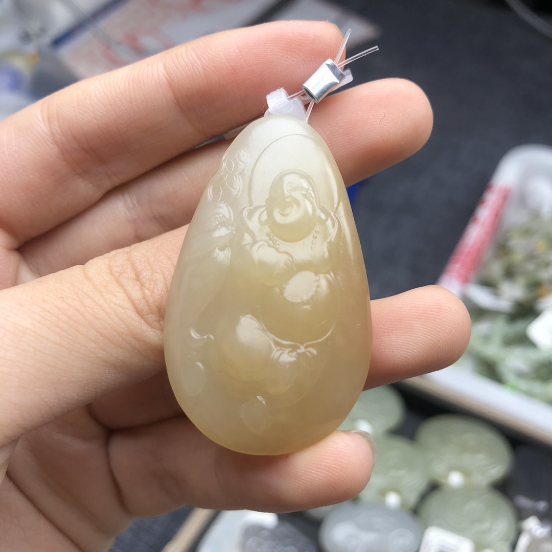 天然新疆和田玉糖料俏色巧雕招财纳福保平安烟紫弥勒佛佛笑佛挂件