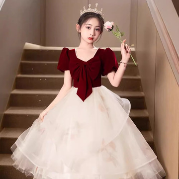 女童晚礼服轻奢小众高端红色生日公主裙儿童女孩主持人钢琴演出服