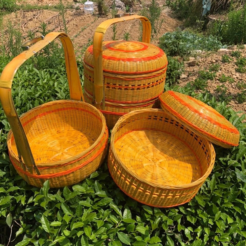 全竹青篮子带盖竹编篮 手提篮双层送餐篮收纳 竹篮子编制篮竹制品