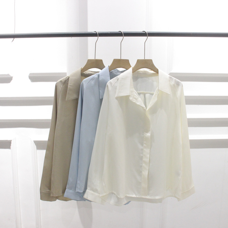 韩国春装新款无扣圆领天丝前短后长宽松慵懒风薄款衬衫女-阿里巴巴