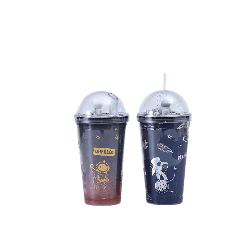 Creative Outer Space Astronauts Plastic Cup New Cartoon Doll Ice Crushing Cup with Straw Double Layer Plastic Gift Cup Wholesale