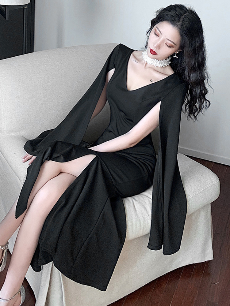 名媛晚礼服御姐范飘逸开叉袖子性感黑色修身中长款连衣裙