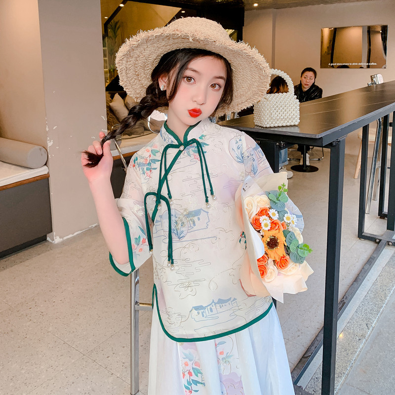 女童汉服夏季2023山水画印花汉元素连衣裙原创唐制薄款儿童裙套装