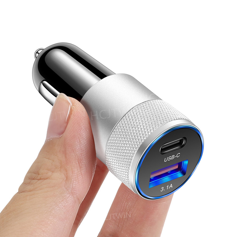 3.1A USB + PD Metal Car Charger Aluminum Alloy Cannon Car Charger Vehicle-Mounted Mobile Phone Charger Cross-Border Wholesale