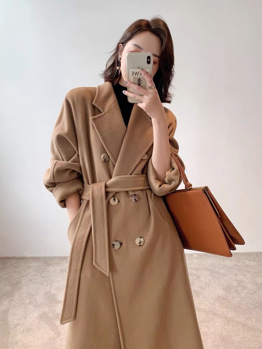m家101801驼色双面羊绒大衣女2021中长款茧型过膝加厚羊毛呢外套