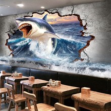 3d立体大海洋鲨鱼壁画海鲜刺身寿司店装饰壁纸火锅店餐厅背景墙纸