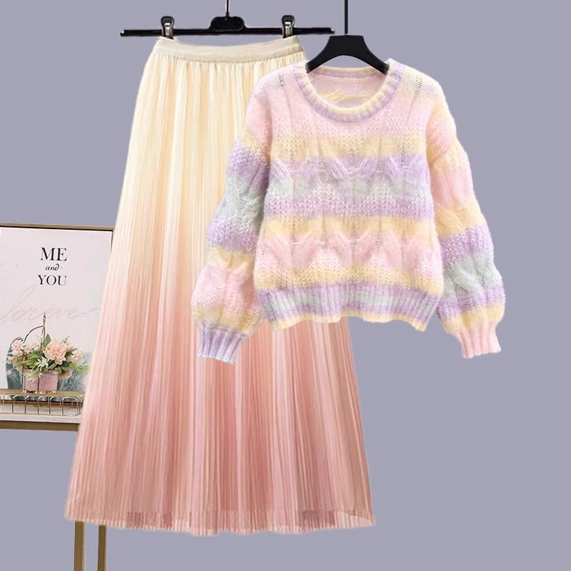 今年流行漂亮紫色香风套装多巴胺秋季穿搭减龄毛衣纱裙两件套秋冬