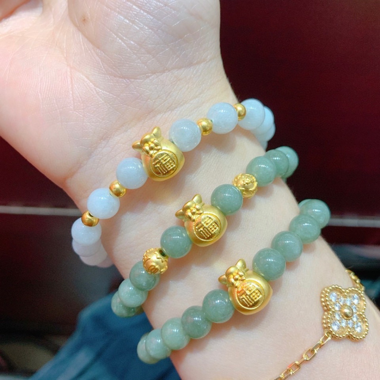 黄金福袋路路通转运珠3d硬足金福袋翡翠手串母亲节礼物金珠手链女