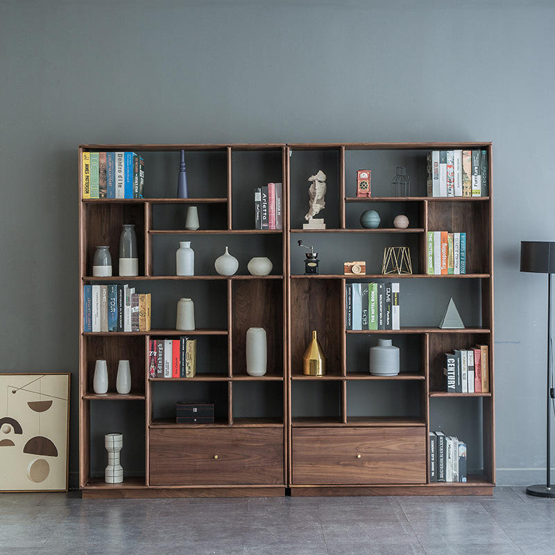 北美黑胡桃木书柜全实木北欧客厅整墙小户型书房到顶置物展示书架