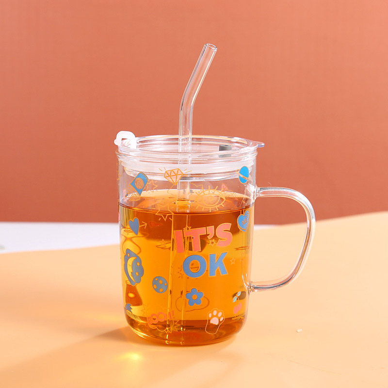 卡通刻度玻璃水杯 带吸管茶杯饮料杯 家用马克杯礼品杯子可印logo