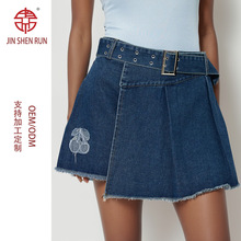 刺绣美式牛仔短裙2024春夏新款不规则半身裙百褶裙DENIM SHORTS