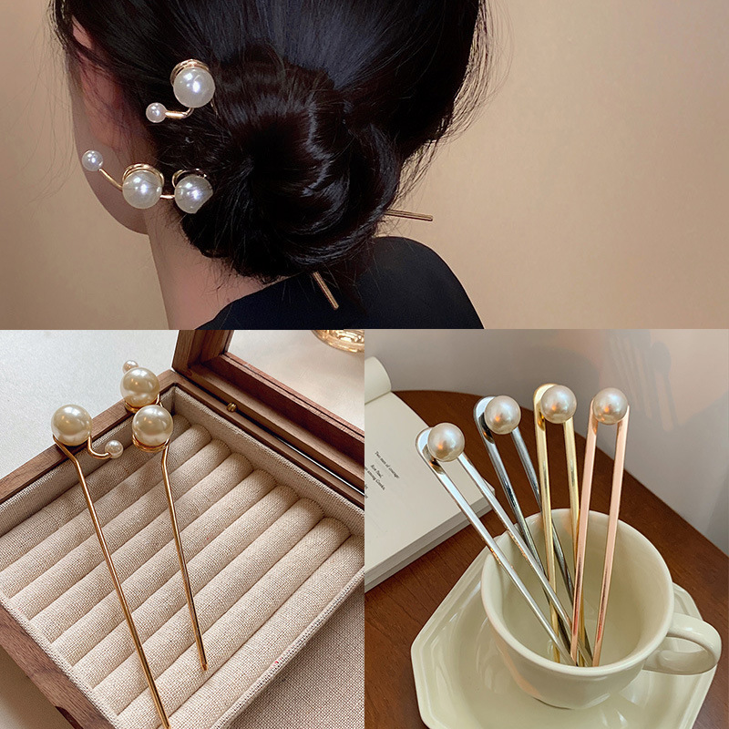 Daily Simple Pearl U-Shaped Hairpin Elegant Modern Style Back Head Bun Updo Gadget Hair Clasp Hair Accessories for Women