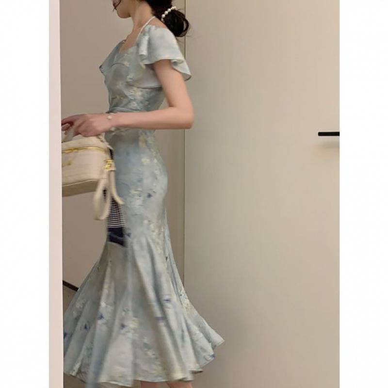 法式鱼尾裙新中式连衣裙荷叶边收腰清冷感长裙旗袍民国风大小hk