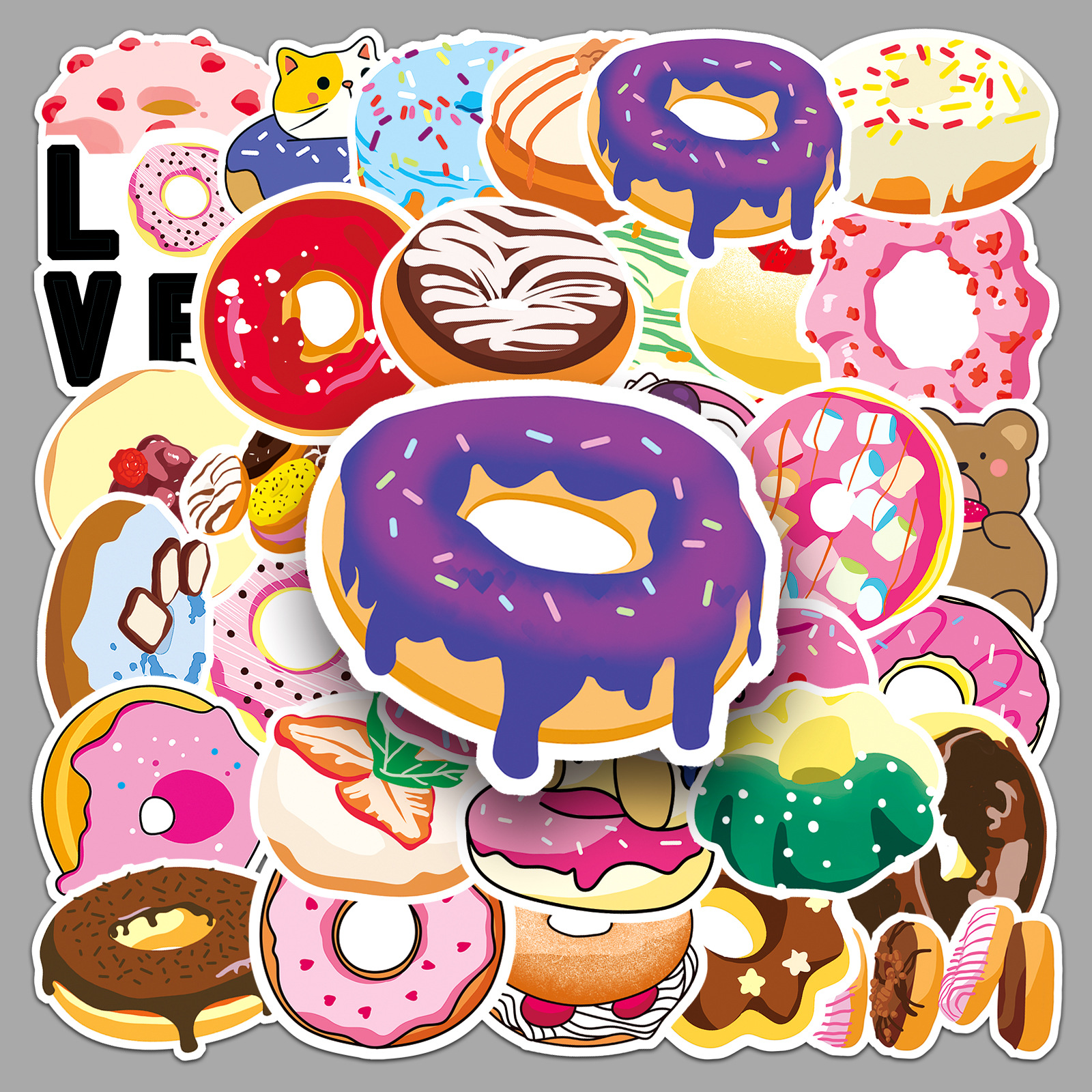 50张甜甜圈涂鸦个性原创手绘创意甜品装饰手机壳行李箱贴纸防水
