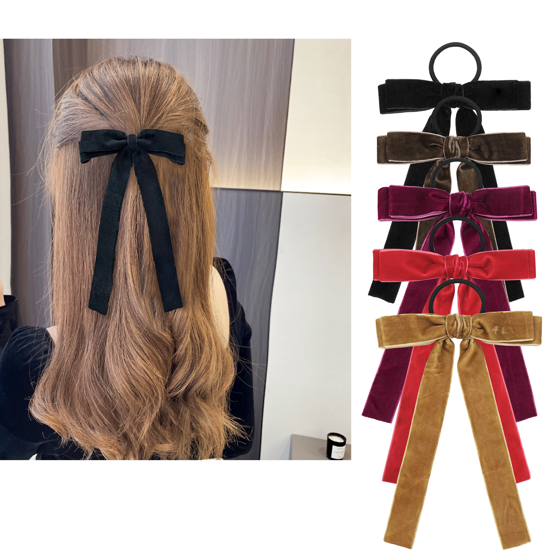 Hot Sale Foreign Trade Velvet Bandeau Rubber Band Cross-Border Girl Bow Ribbon Ponytail Hair String Hairware 3016