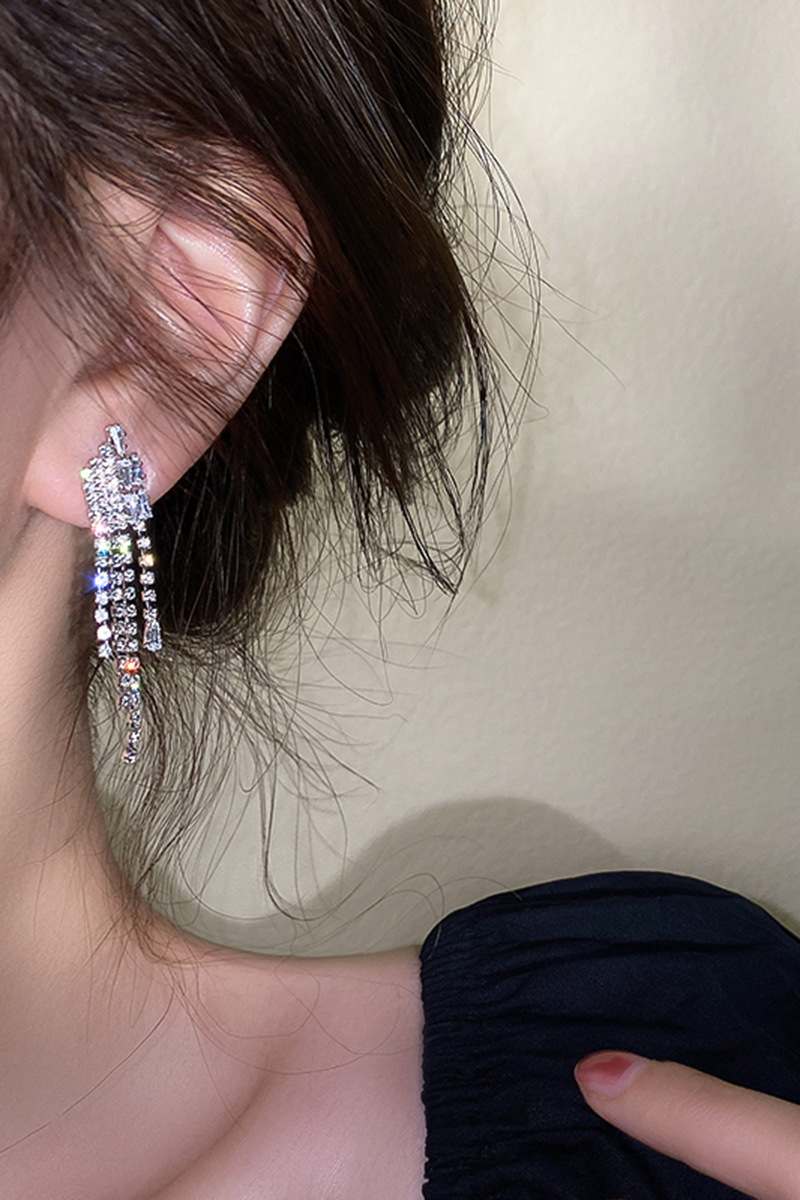 925银针镶钻锆石流苏耳坠欧美简约设计感个性耳环长款流苏耳饰女