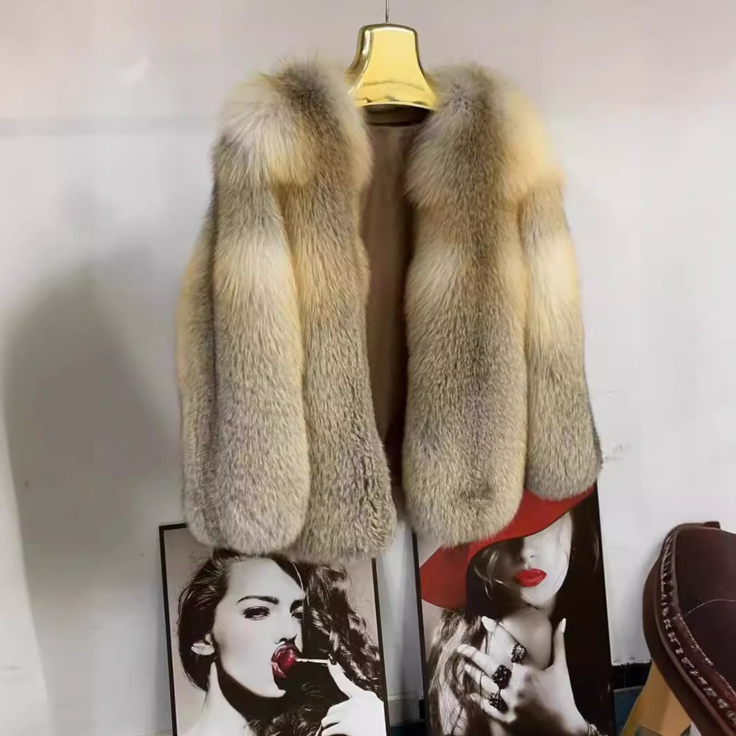 圣裘妃 金岛狐 整皮狐狸毛皮草外套女2024新款v领 中长款名媛大衣