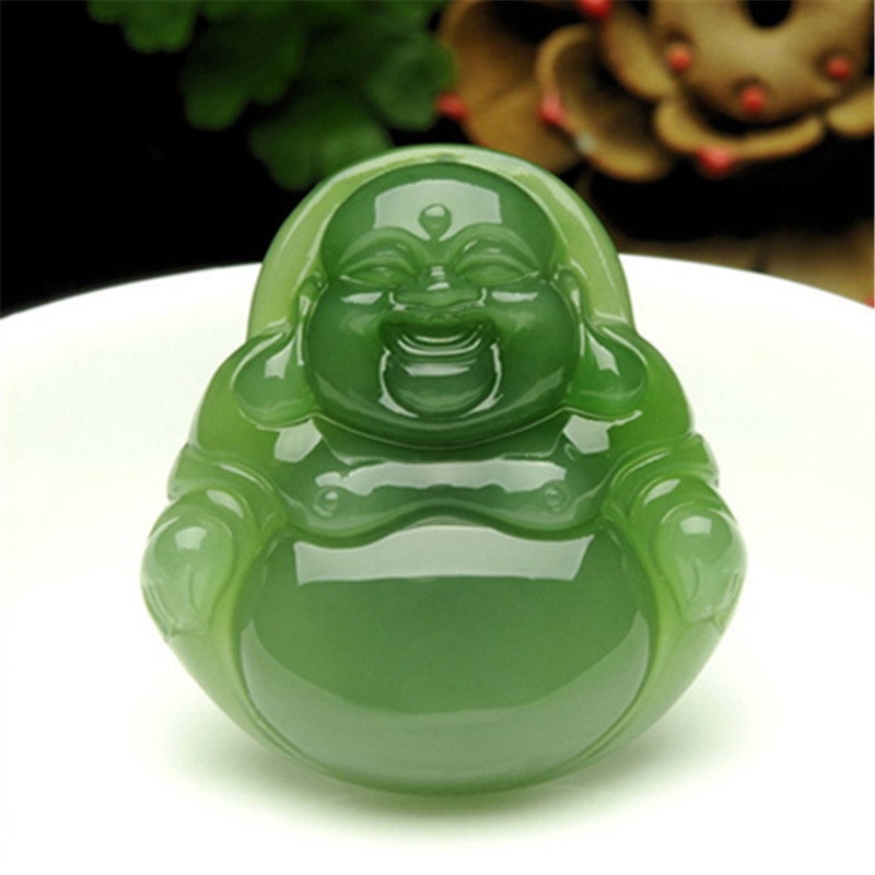 天然新疆和田玉碧玉笑佛吊坠女款菠菜绿玉石弥勒佛公玉坠挂件批发