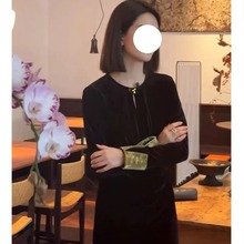 秋冬女装新中式国风年会礼服长裙法式复古黑色丝绒打底连衣裙子春