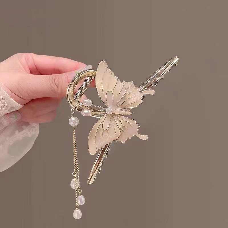 New Butterfly Pearl Tassel Metal Grip Updo Shark Clip Elegant Hair Clip Headdress