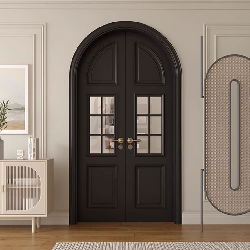 江苏定制橡木烤漆门黑色卧室房间法式复古圆弧拱形对开门入户弧形