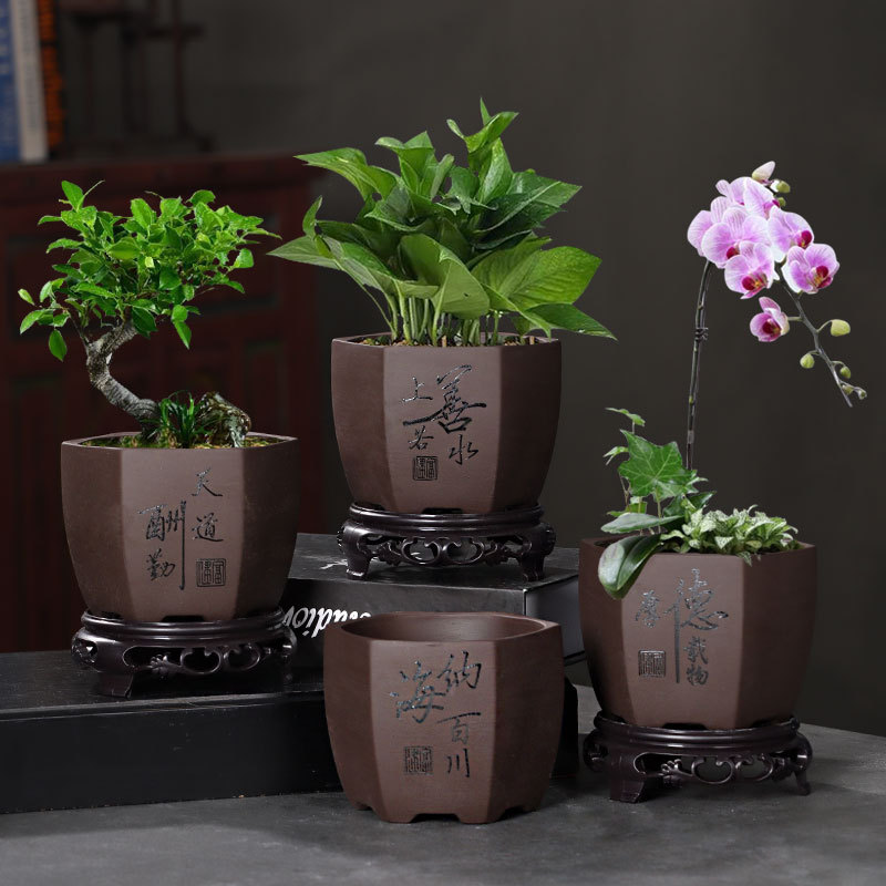紫砂花盆带底座托盘盆景盆兰花文竹小榕树绿植多肉陶瓷盆-阿里巴巴