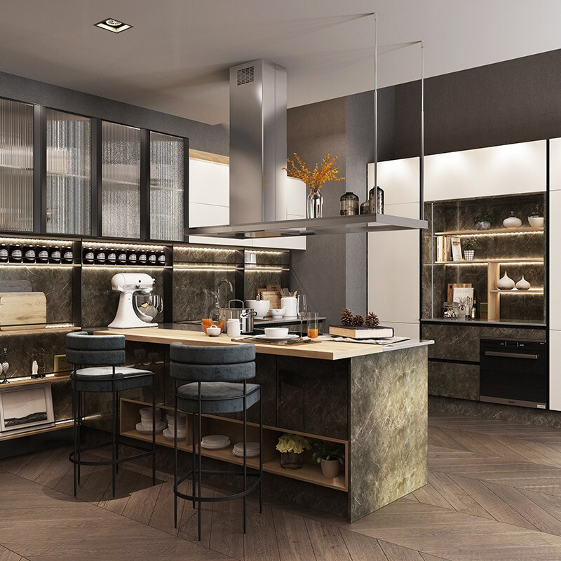 成都雅馨格现代简约 厨房开放式橱柜定制 整体橱柜石英石台面定制