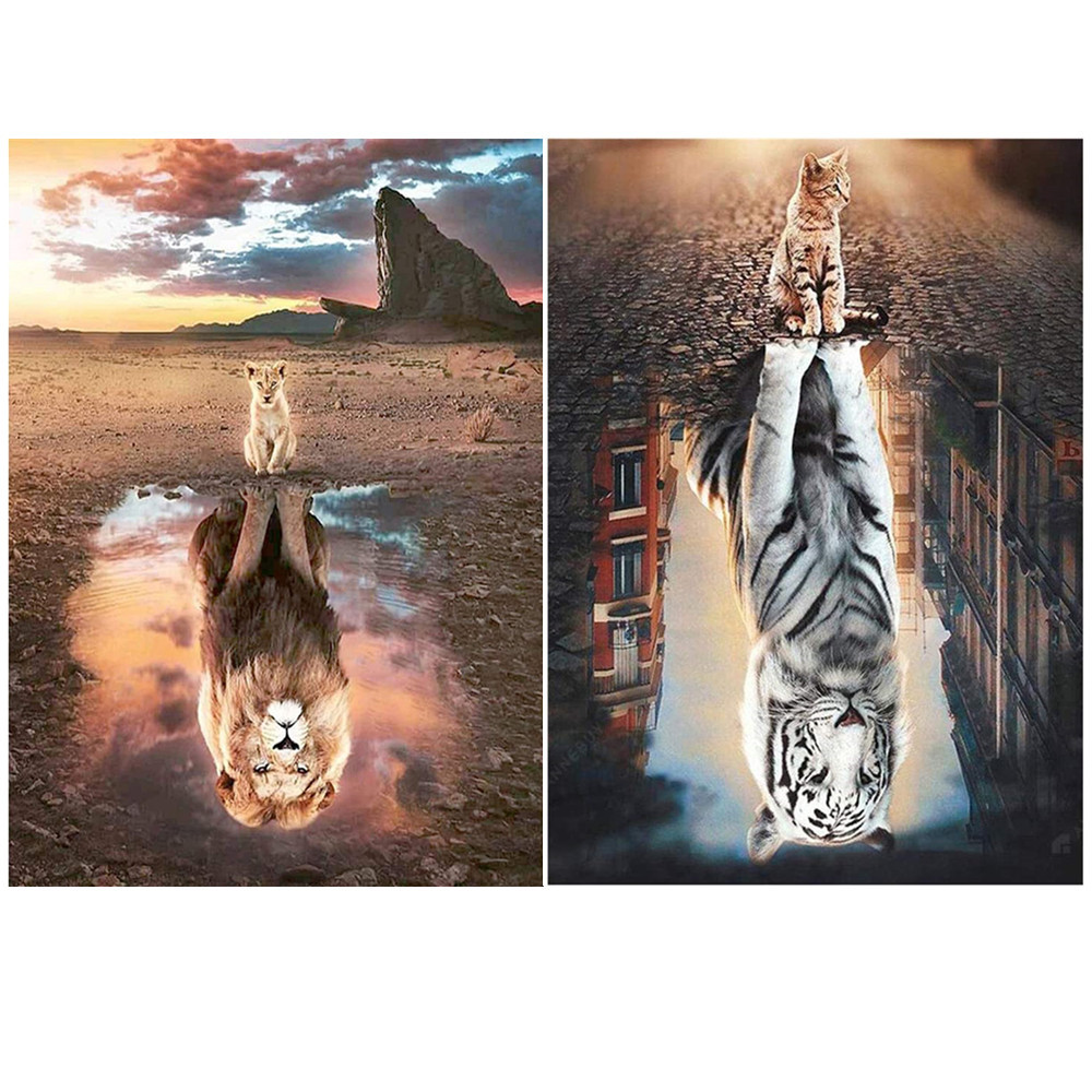 5d钻石画动物组合diy满钻圆钻老虎狮子倒影钻石绣家居装饰画30*40