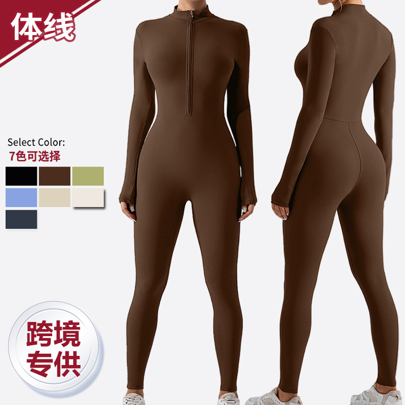 跨境长袖瑜伽连体衣高弹柔软拉链运动服女秋冬款普拉提连体瑜伽服