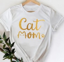 Cat mom新款T恤金色印花猫猫图案 欧美潮流街头流行短袖