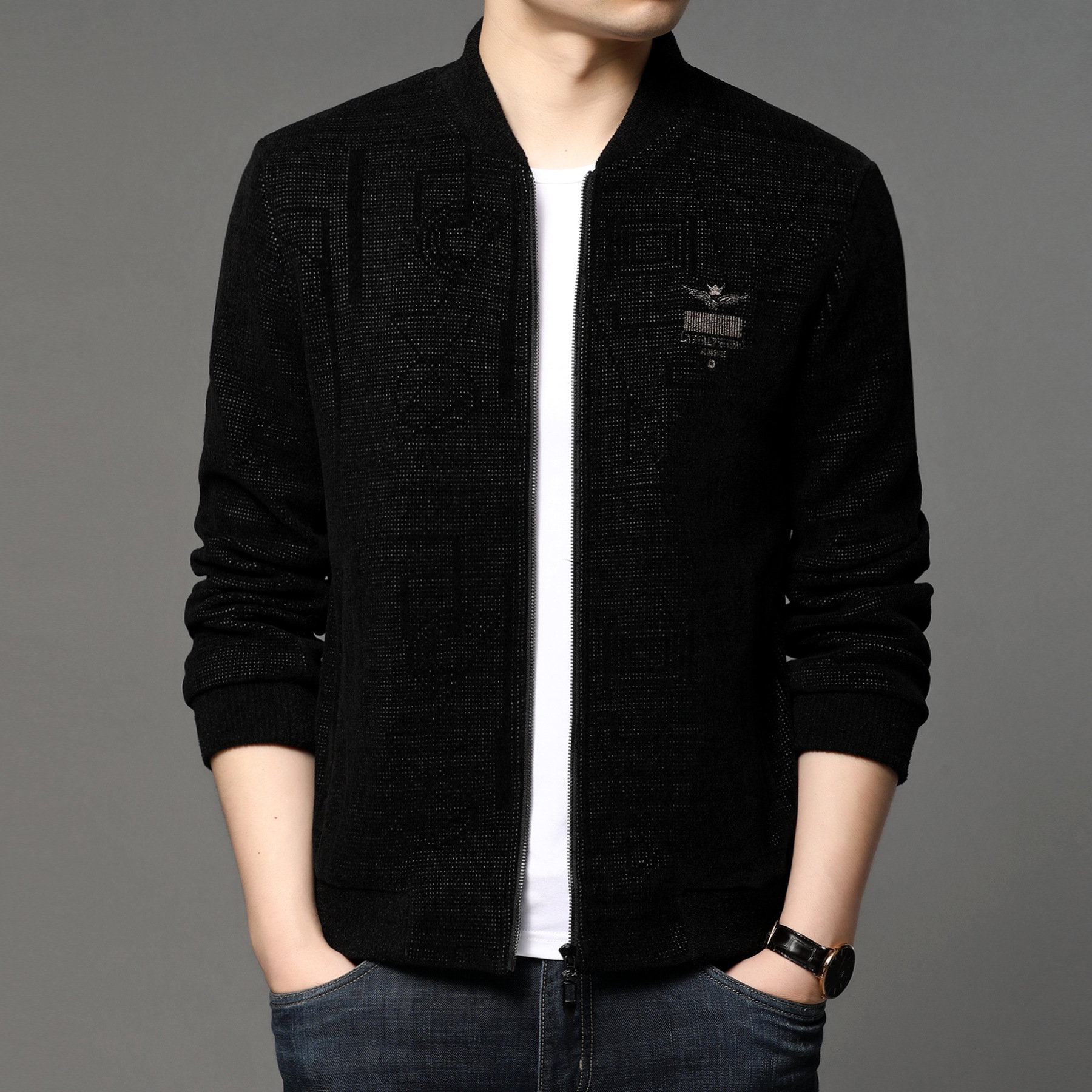 2021秋季无领夹克外套潮流男士合身型休闲商务新款男装夹克衫批发