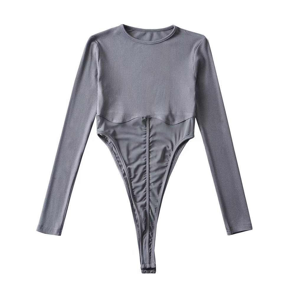 辣妹性感网纱连体衣欧美风女装新款透视拼接长袖开档连体裤