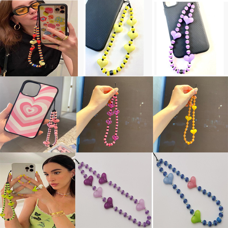 KKBEAD欧美波西米亚ins街头个性创意条纹亚克力爱心女手机链挂绳