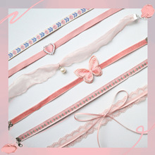 跨境新款锁骨链小清新粉色甜美蕾丝布艺短款项链花朵刺绣choker