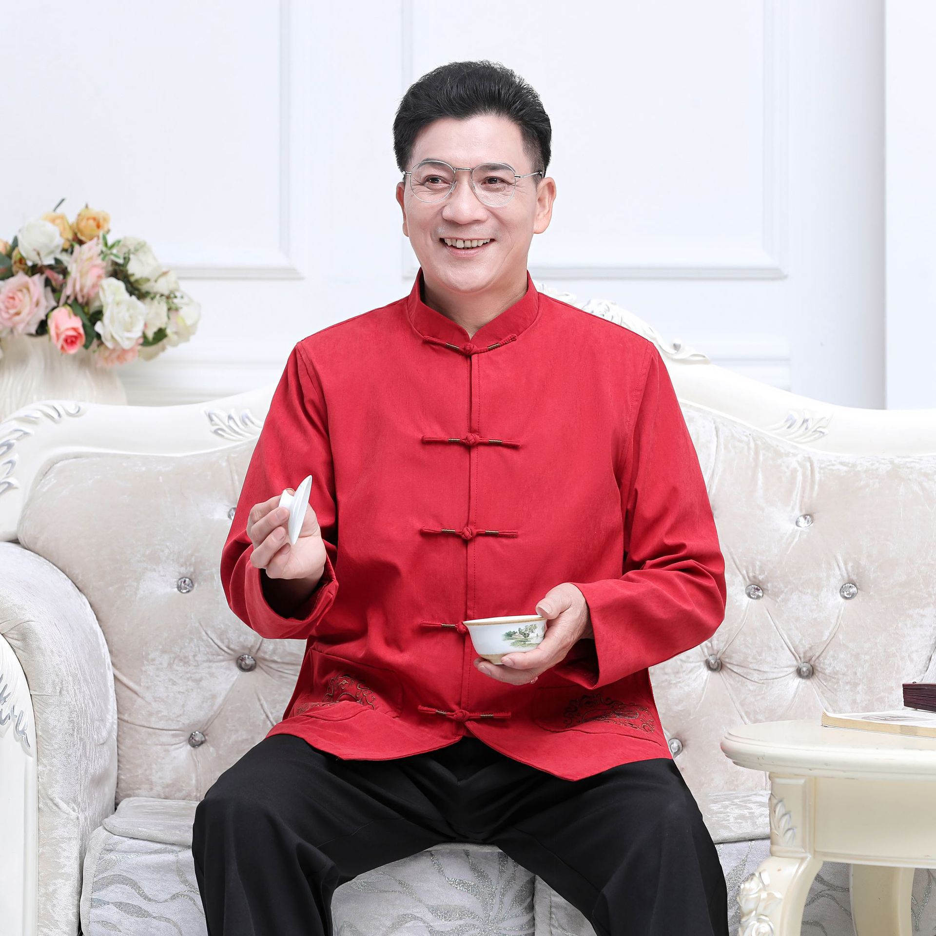 中国风秋冬季唐装男士长袖上衣中老年爸爸装复古休闲中式外套礼服