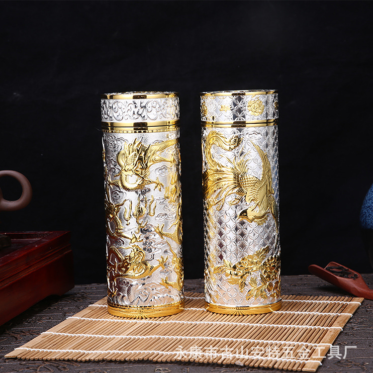 九龙银杯荣华富贵 双色银杯保温杯银离子保健杯 龙凤银杯套装