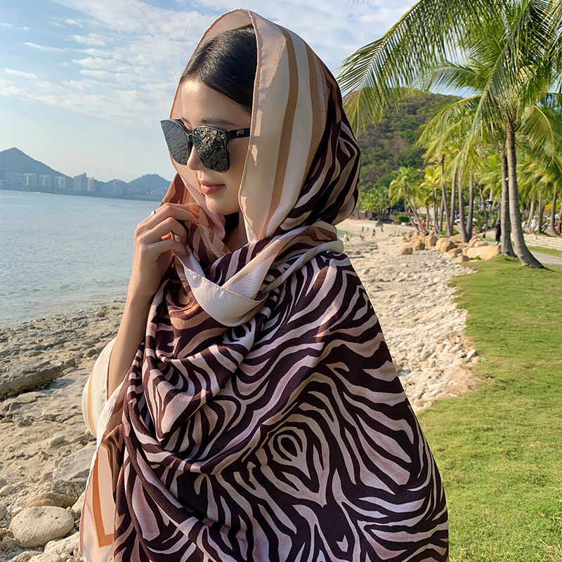 Korean Style Khaki Zebra Striped Spring and Summer Imitation Cotton and Linen Feel Silk Scarf Women's Outer Shawl Travel Sun Protection Windproof