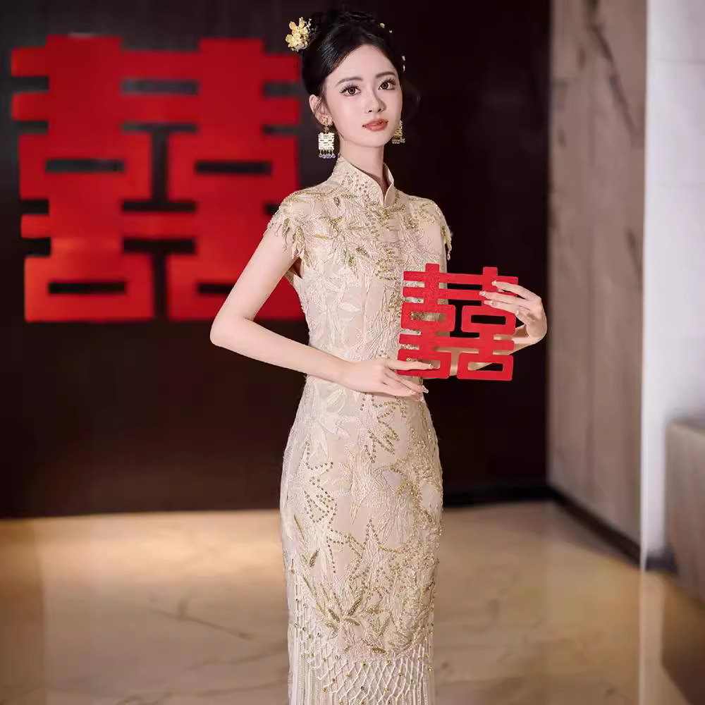 旗袍敬酒服2024新款中式新娘结婚订婚礼服高级重工夏季显瘦小个子