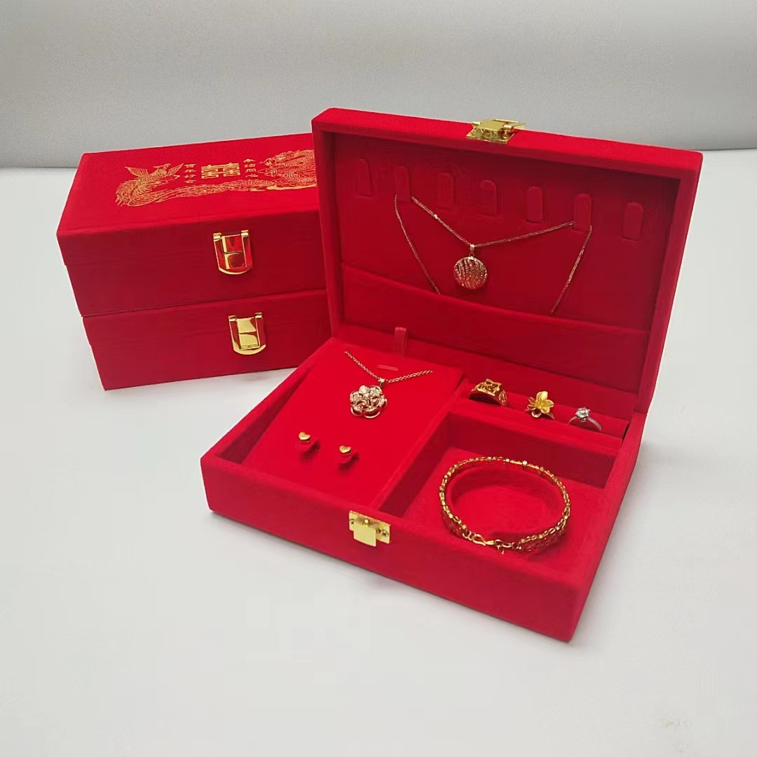 婚嫁聘礼黄金首饰龙凤三金盒大红绒黄金三件套盒订黄金首饰套装盒