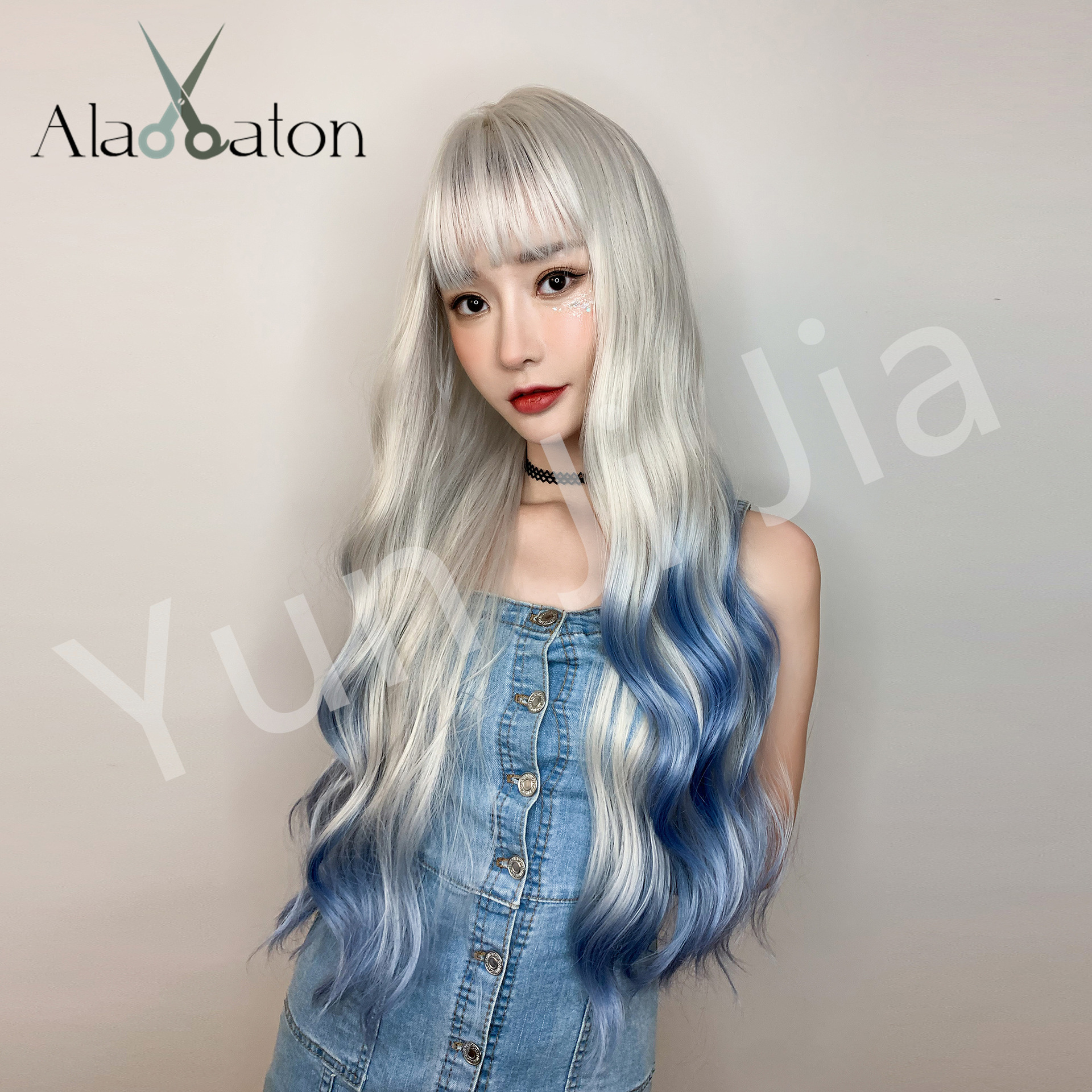 假发女网红新款银色蓝色长直发齐刘海蓝色渐变色cosplay假发女士