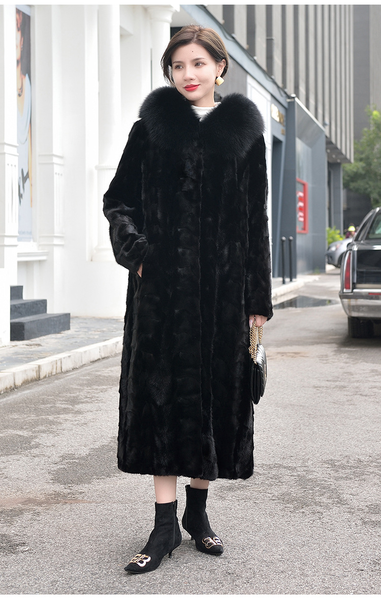 真貂皮大衣女长款连帽水貂毛拼貂女装外套海宁皮草批发新款裘皮冬
