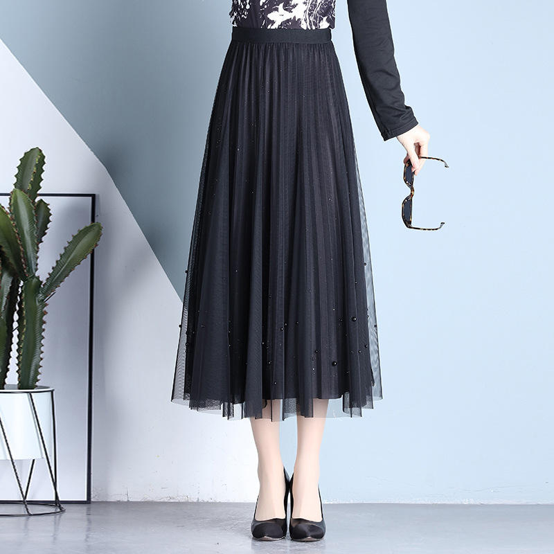 网纱半身裙女2022春秋季新款韩版长款过膝两面穿钉珠a字百褶裙